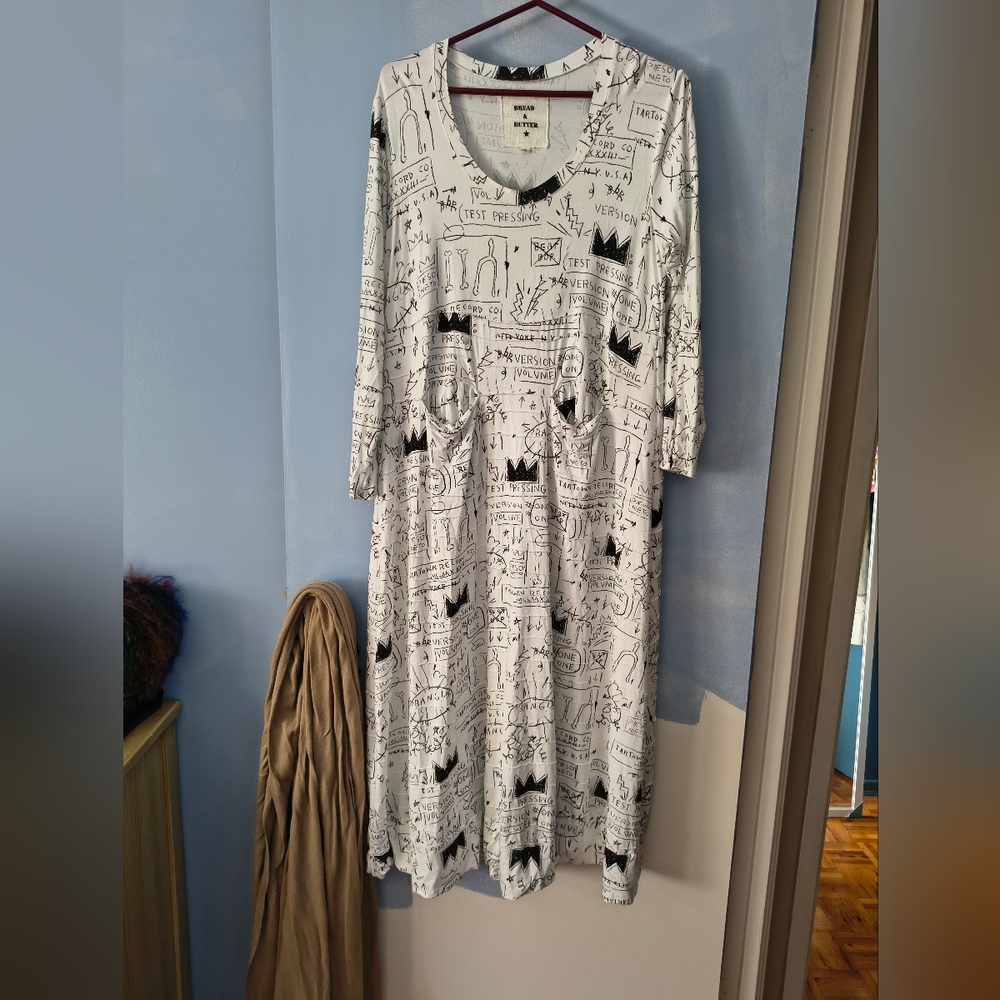 Bread & Butter Italy Graffiti Basquiat-Style Print Black + White Cotton Dress XS